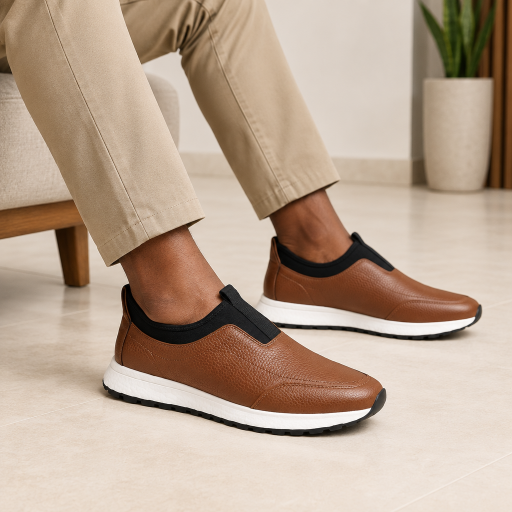 Tan Pebbled Leather Slip-On Runner Sneaker - Model Shot