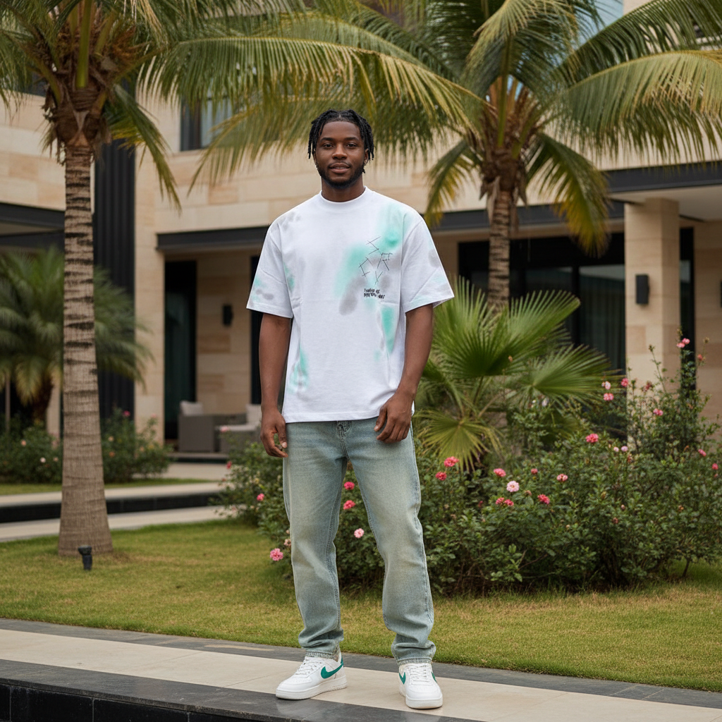 Nigerian male model wearing white teal tie-dye splatter graphic tee – front view