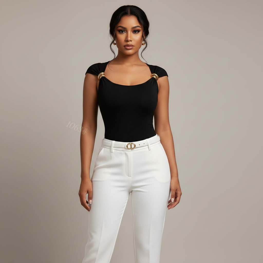 Women's Square-Neck Cap-Sleeve Top with Gold Ring Detail - Nigerian Female Model