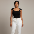 Women's Square-Neck Cap-Sleeve Top with Gold Ring Detail - Nigerian Female Model