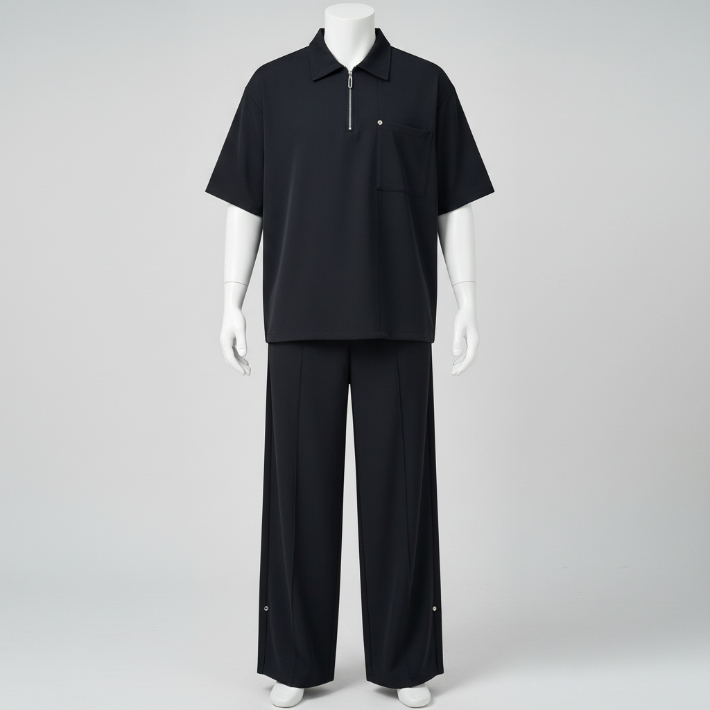 Ghost mannequin jet black polo and trouser two-piece set