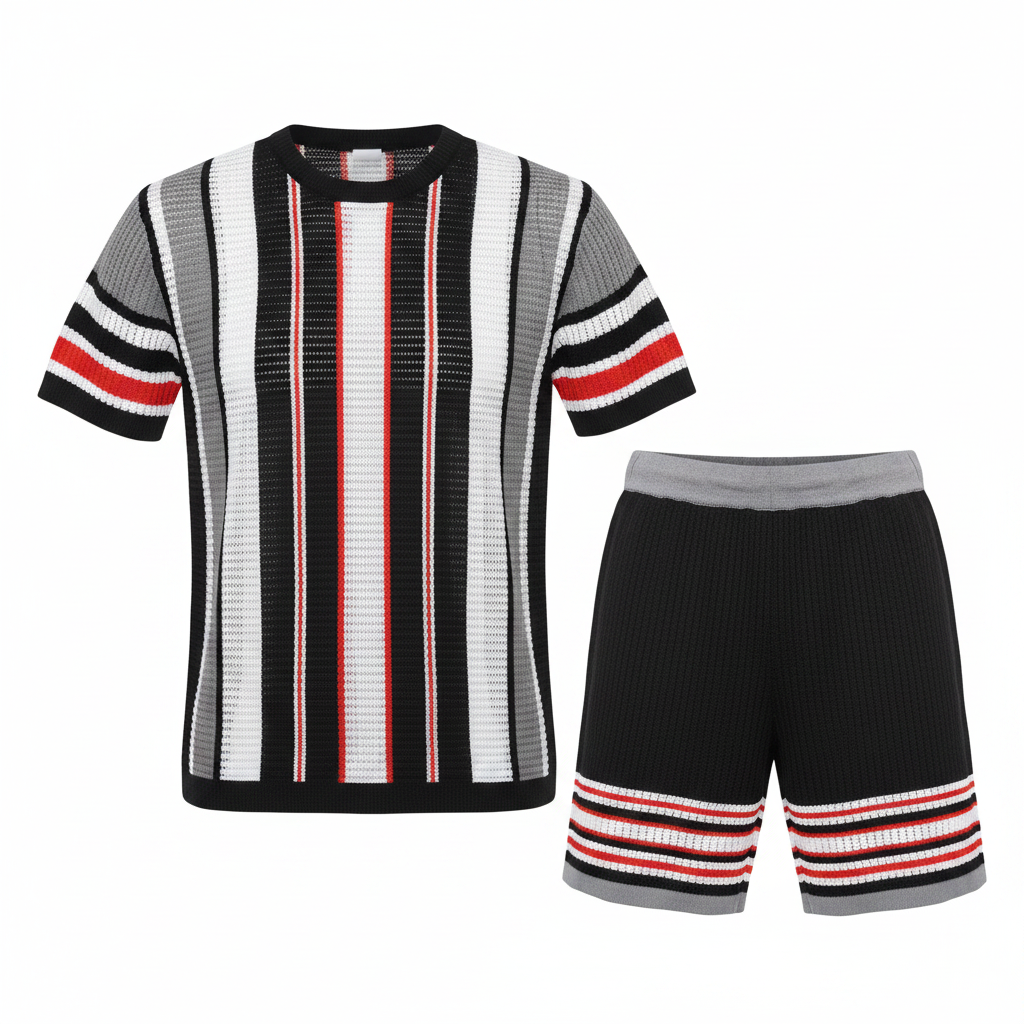 Ghost mannequin view of Men's Black Vertical Stripe Knit Co-Ord Set