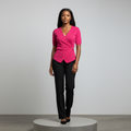 Fuchsia Mock Neck Wrap-Front Ribbed Blouse - Model Shot