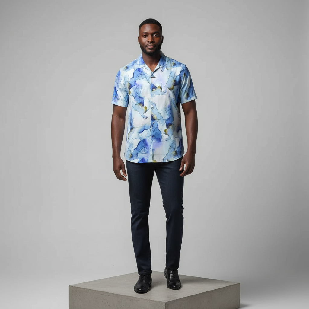 Blue Marble Ink-Wash Print Short-Sleeved Shirt - Model Front