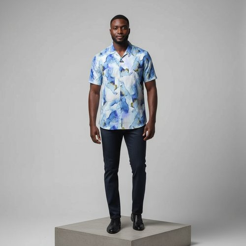 Blue Marble Ink-Wash Print Short-Sleeved Shirt - Model Front