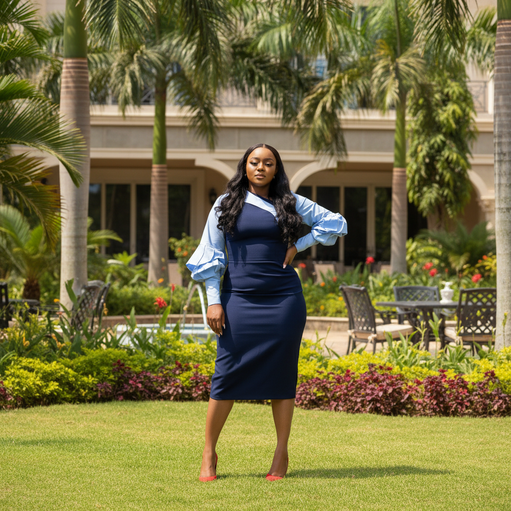 Women's Navy & Light Blue Ruffle-Sleeve Asymmetric-Collar Midi Dress – Nigerian Female Model