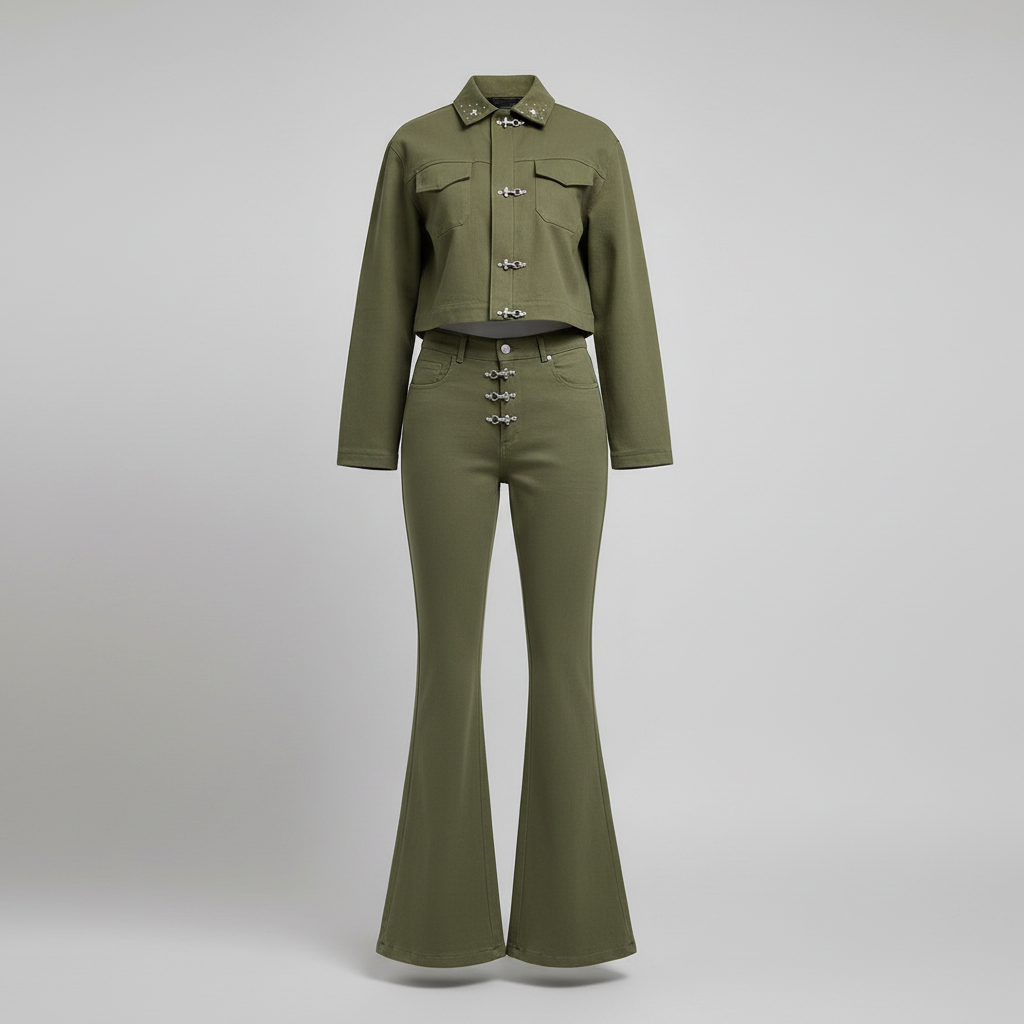 Ghost mannequin army green star-collar denim flare set