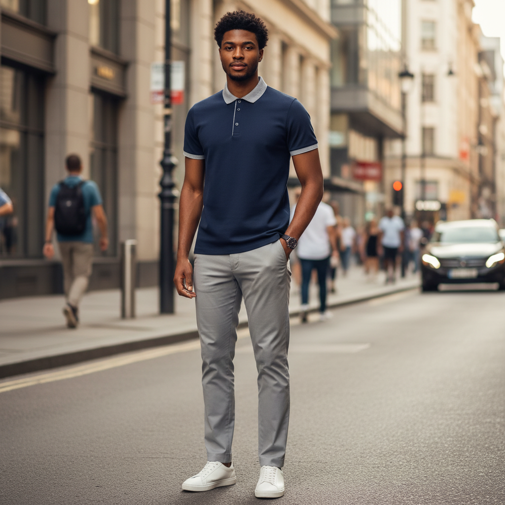 Young Nigerian male model wearing navy blue striped collar polo