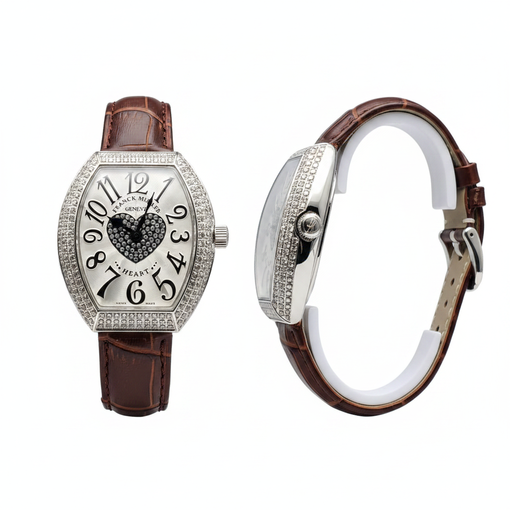 Women's silver oversized full diamond bezel crystal heart dial tonneau watch — ghost mannequin front and side view, brown leather strap