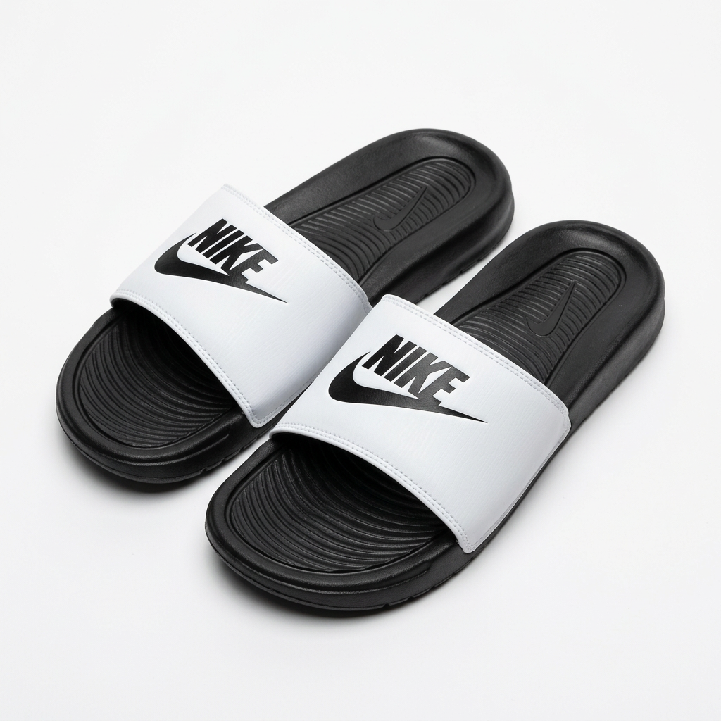 Pair of white graphic-strap slides with black ridged footbeds on white background