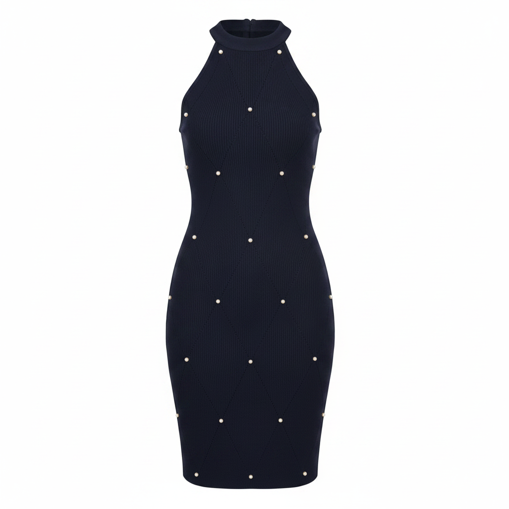 Ghost mannequin front view of navy pearl stud diamond halter neck midi dress