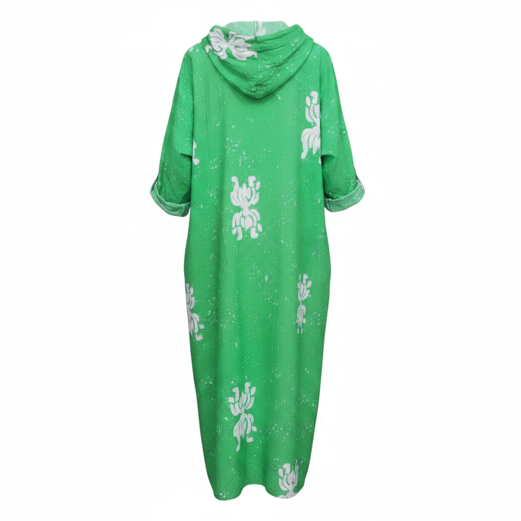 Ghost mannequin view of Green Adire Floral Hooded Long Bubu Gown