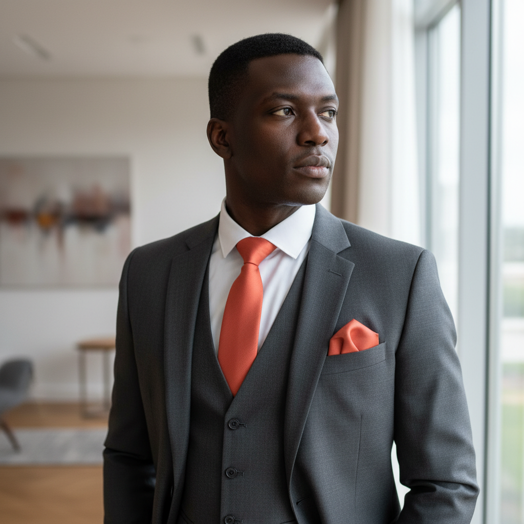 Nigerian man wearing orange necktie with matching pocket square