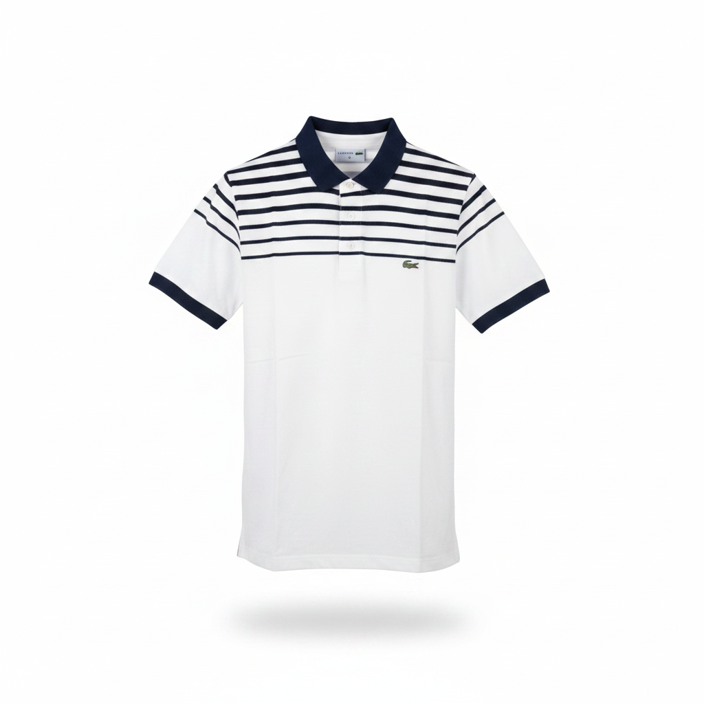 White polo shirt with navy horizontal stripes across chest yoke navy collar and cuffs ghost mannequin front view on white background
