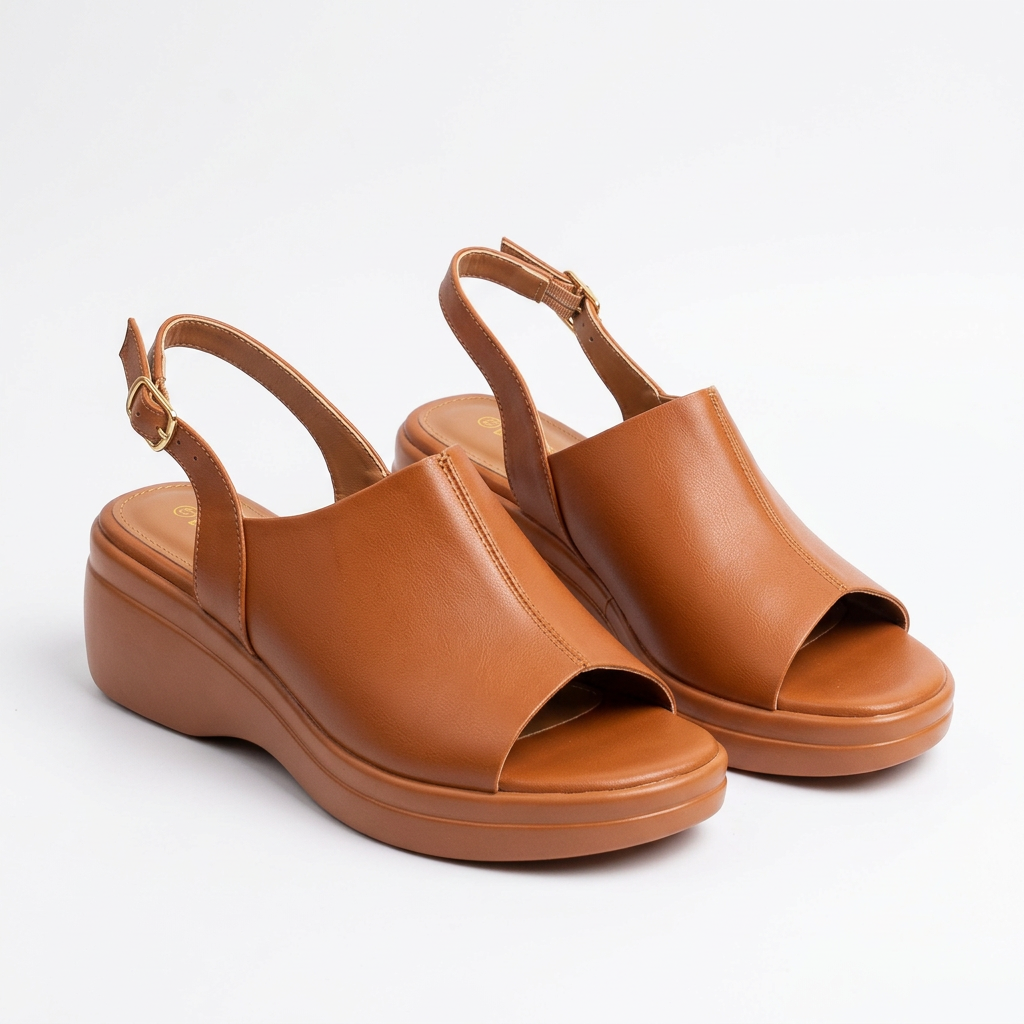 Pair of caramel-tan open-toe slingback wedge sandals on white