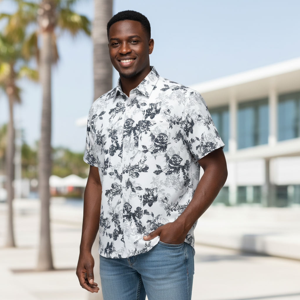 Nigerian male model wearing White All-Over Monochrome Rose Bouquet Floral Print Short-Sleeve Button-Down Shirt