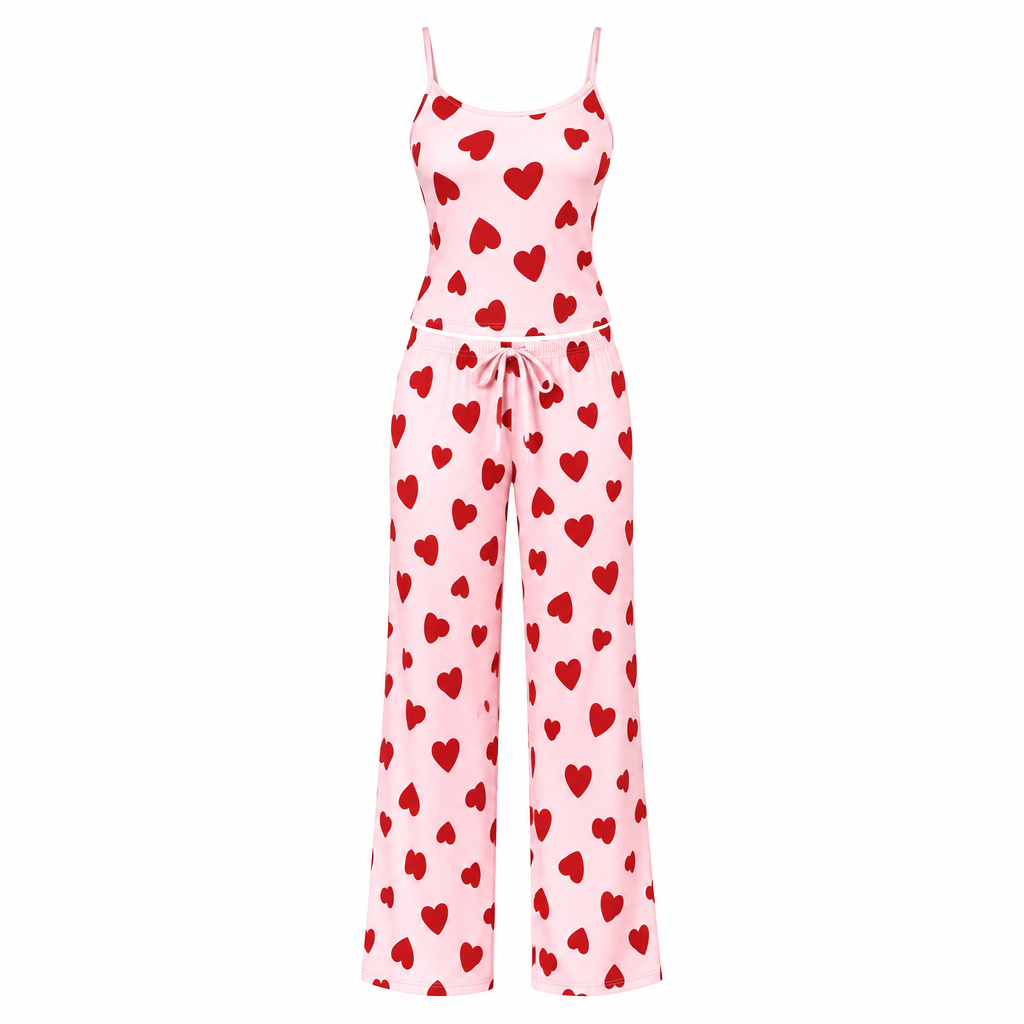 Pale pink pajama set with red hearts