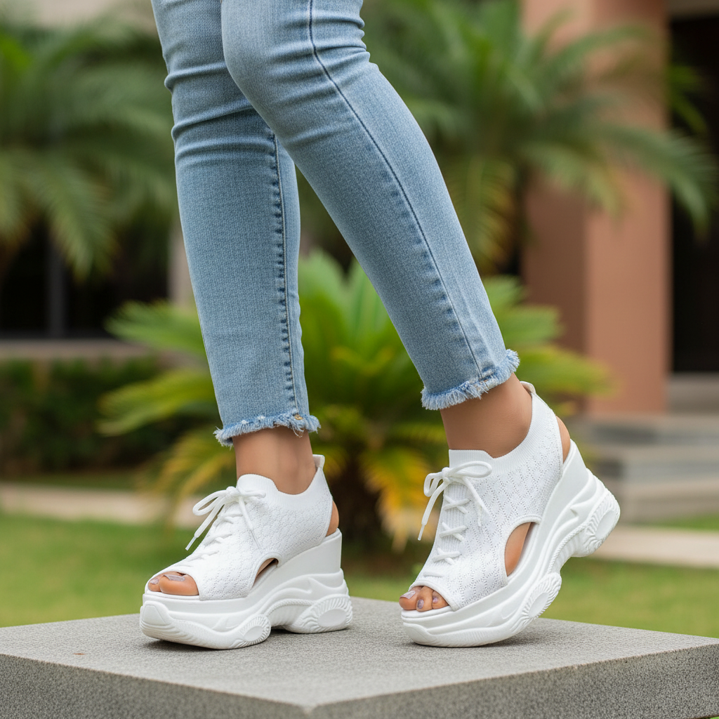 Leg focus shot of Nigerian female model wearing all-white peep-toe knit wedge sneakers