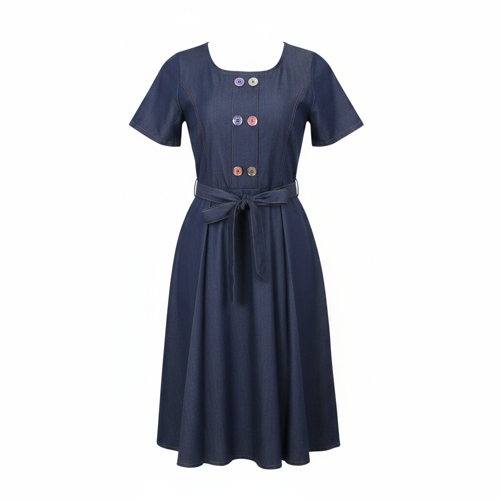 Navy Blue Denim Midi Dress - Ghost Mannequin Front