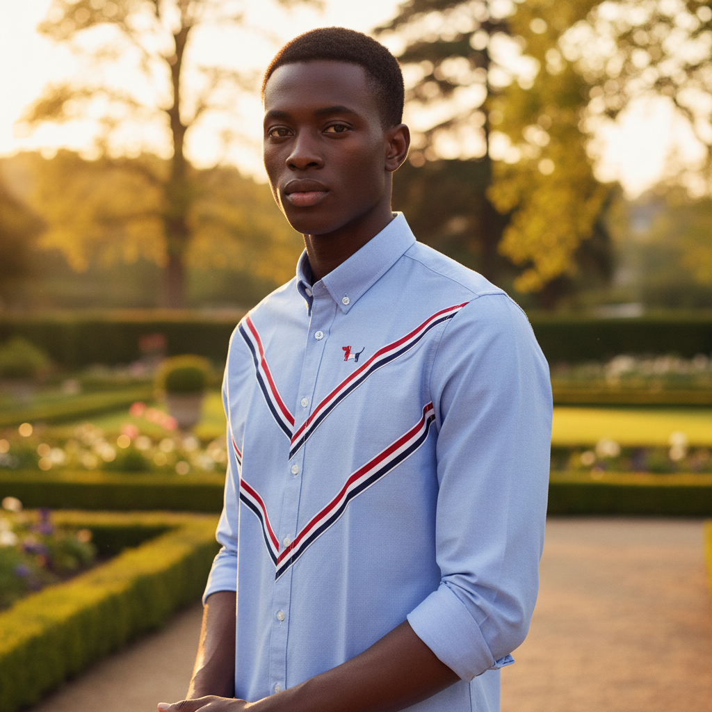 Nigerian model wearing Blue Oxford Chevron Stripe Shirt