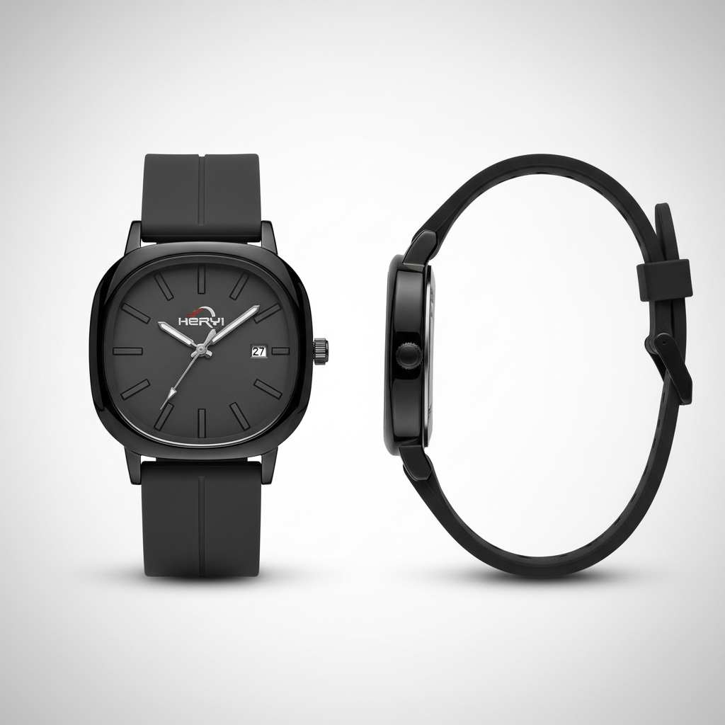 Black minimalist wristwatch shown from the front and side
