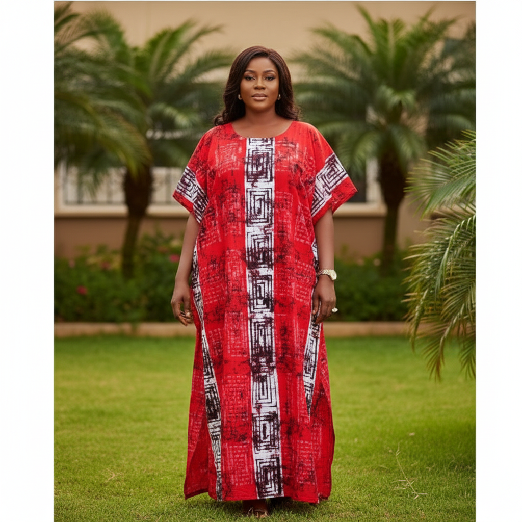 Nigerian woman wearing red bubu dress with tribal print in garden setting