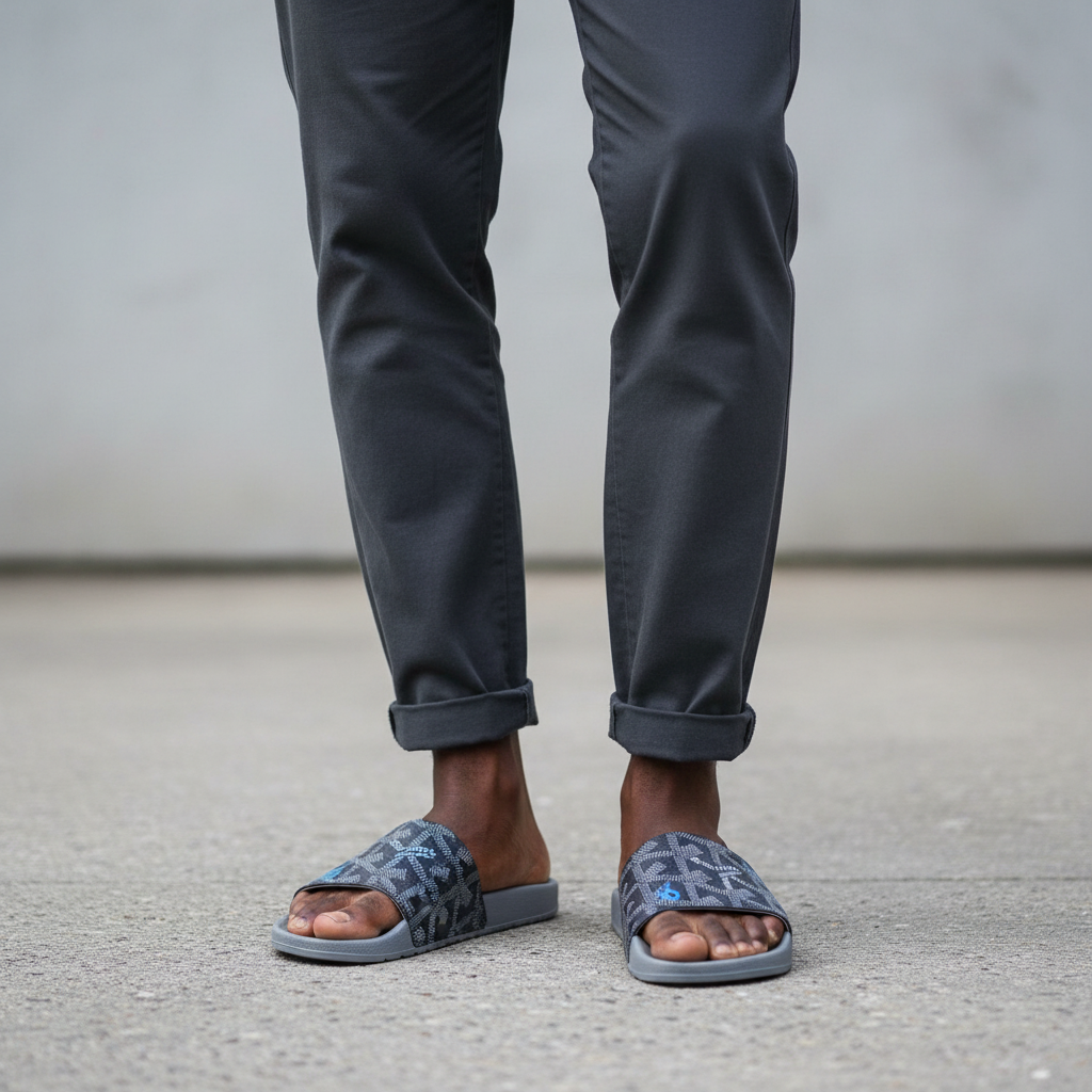 Men's Grey Monogram-Print Slide Sandal – Leg Focus Model Shot
