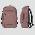Mauve multi-pocket travel backpack shown from the front and side on a plain background