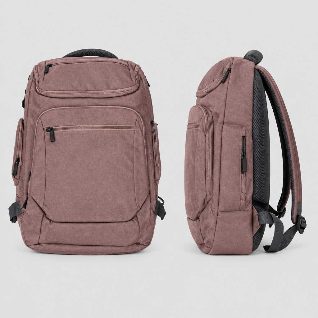 Mauve multi-pocket travel backpack shown from the front and side on a plain background