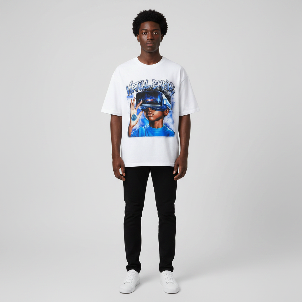 Man wearing the white airbrush VR graphic oversized tee