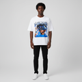Man wearing the white airbrush VR graphic oversized tee