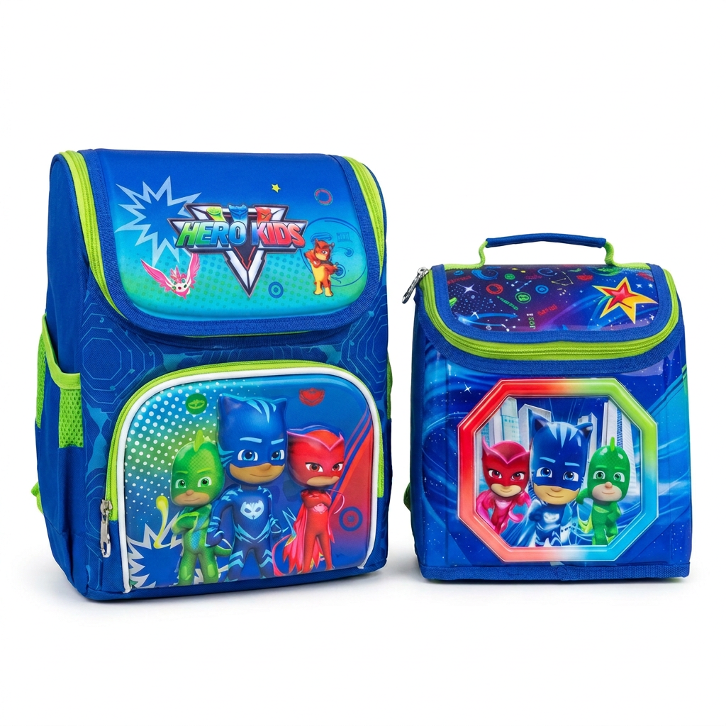 Blue hero-print backpack and matching lunch bag on white