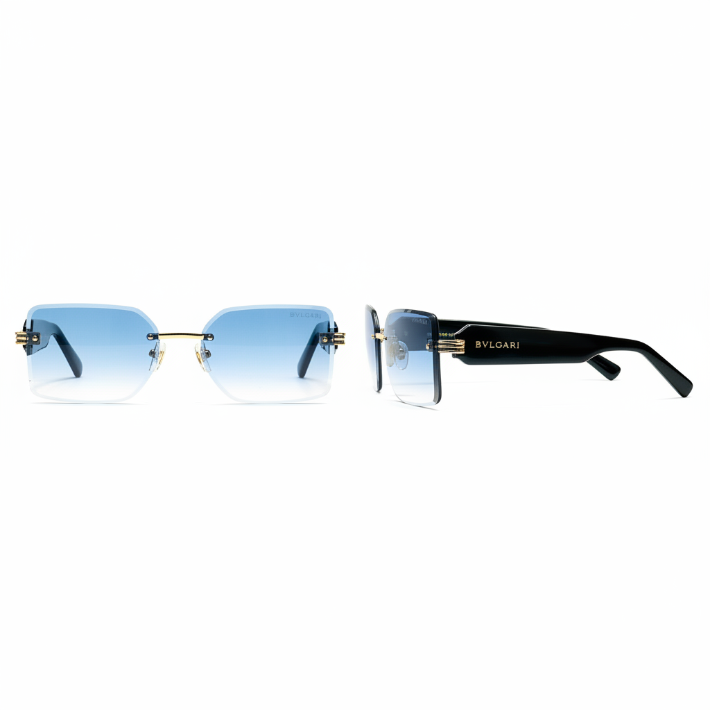 Ghost mannequin view — Rimless Rectangular Sunglasses Gold Bridge Black Temple Blue, front and side view
