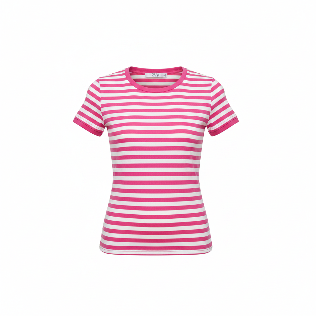 Ghost mannequin of pink and white stripe fitted tee