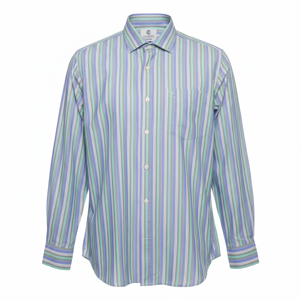 Blue green multistripe long-sleeved shirt ghost mannequin front view