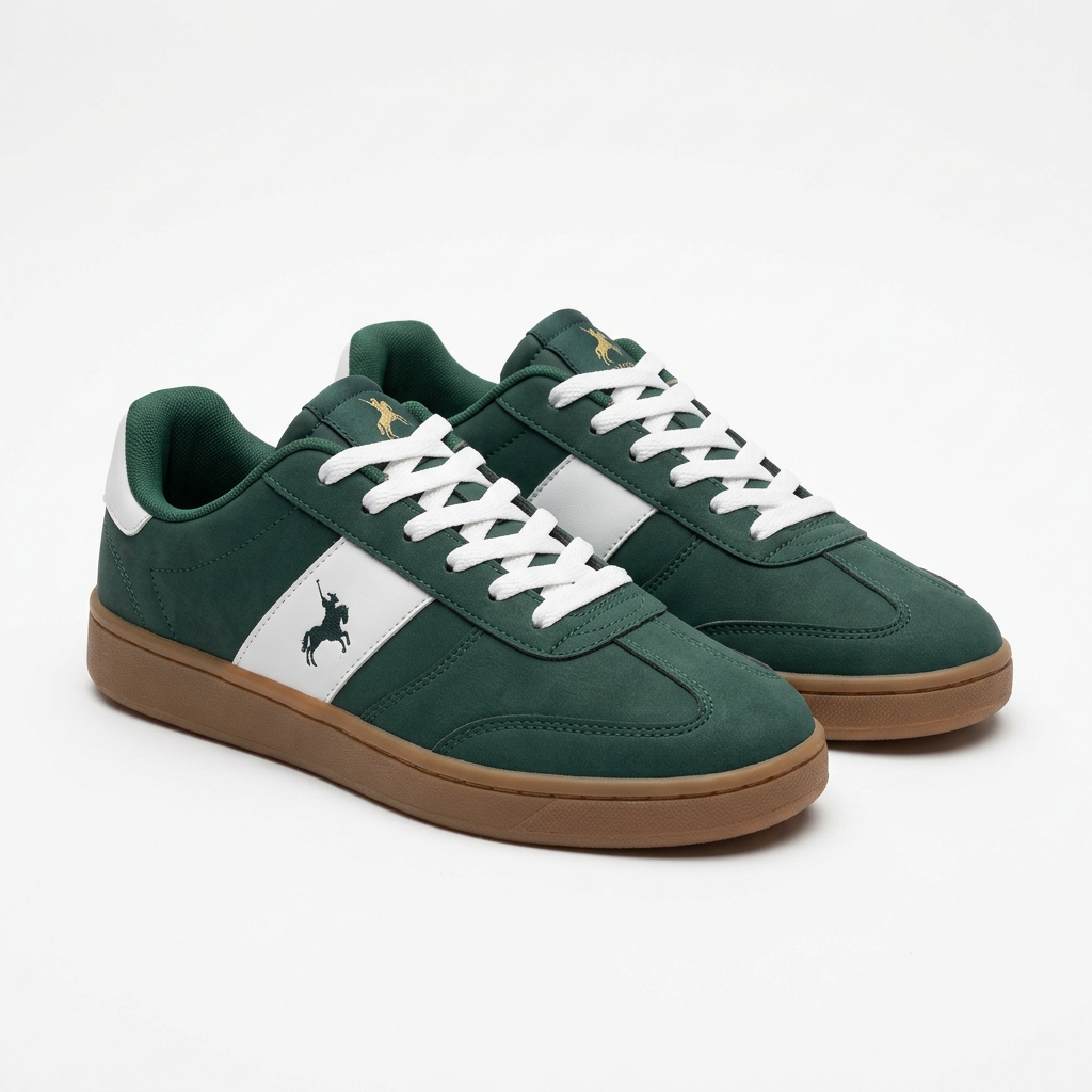 Pair of forest green white-panel gum-sole sneakers on a white background