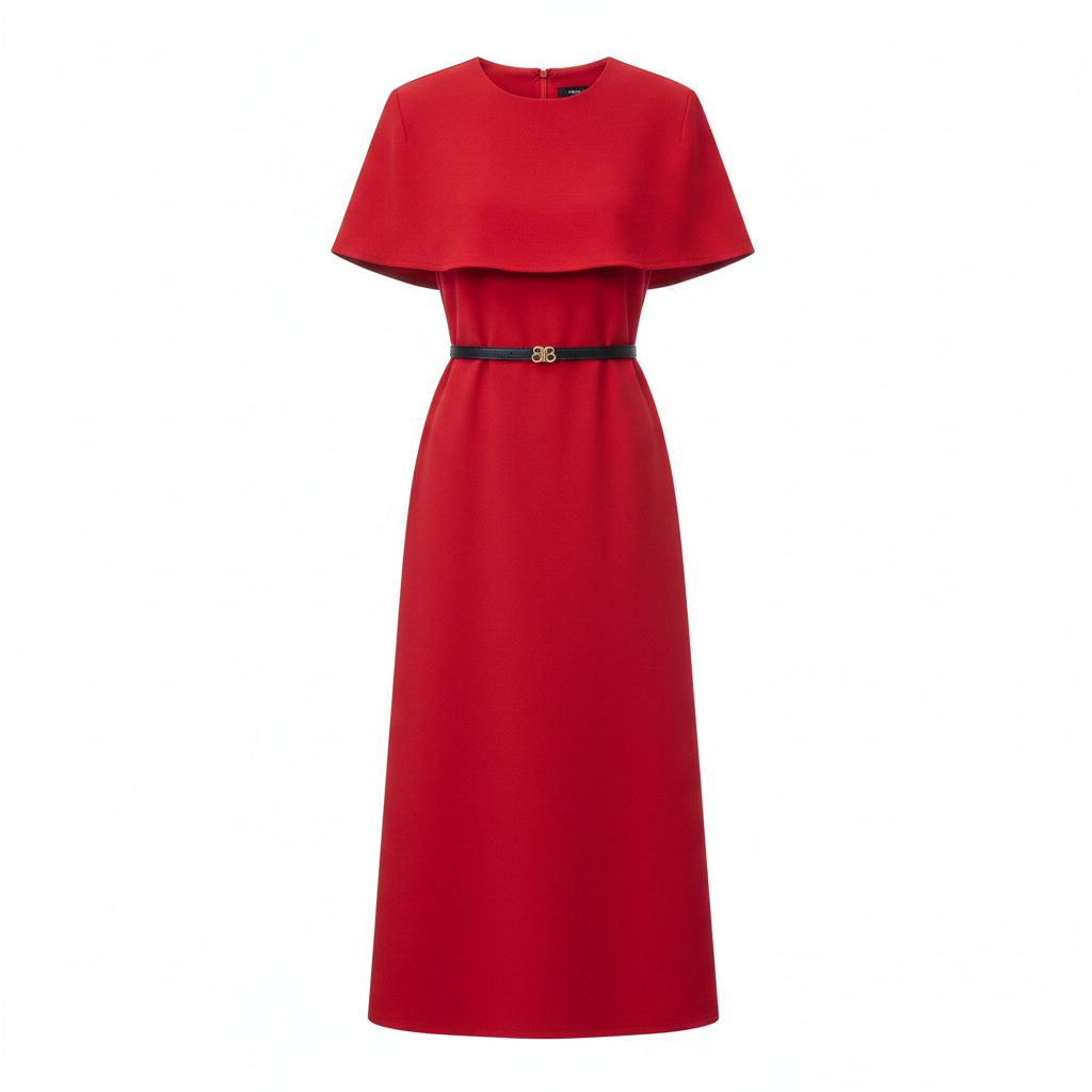 Women's cape-overlay belted midi dress in red – ghost mannequin front view