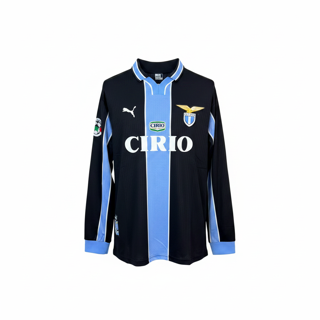 Black and sky blue stripe long-sleeve retro football jersey — ghost mannequin front view