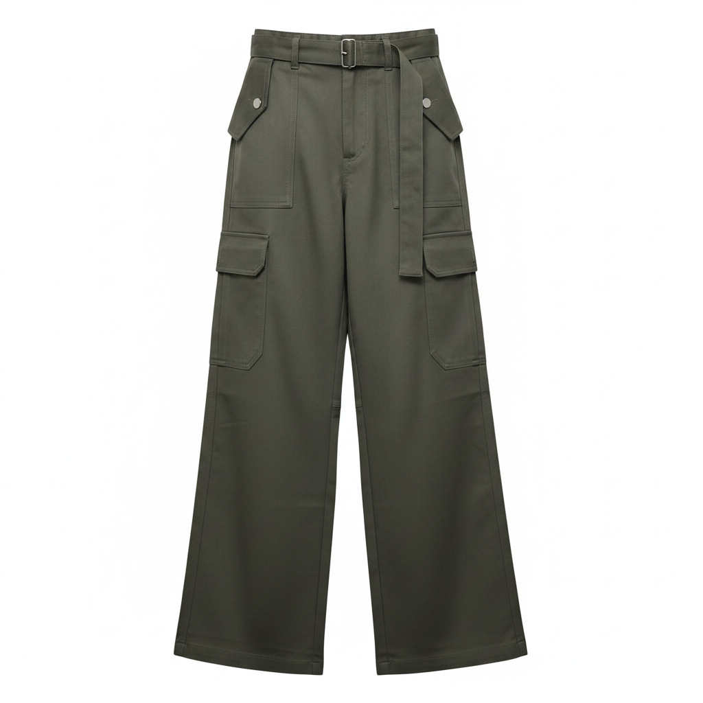 Ghost mannequin view of Women's Olive Green Wide-Leg Baggy Cargo Trousers