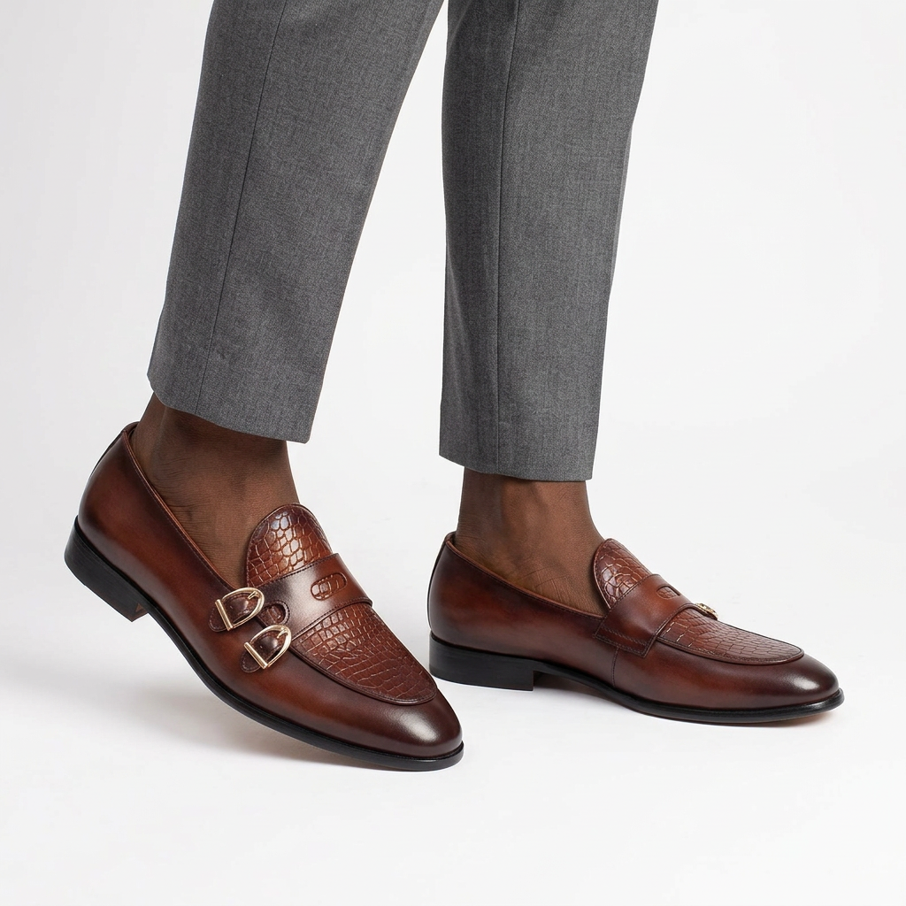 Burgundy-brown crocodile-effect buckle loafers worn on both feet