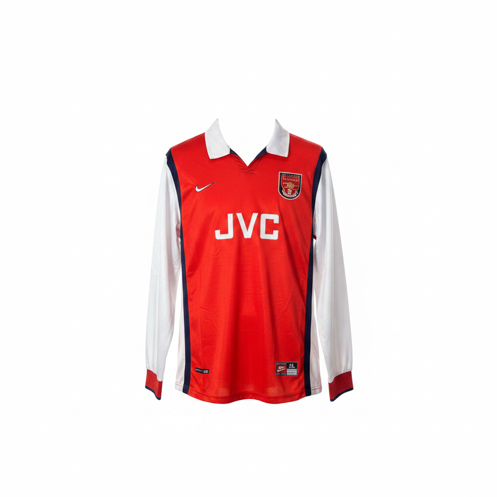 Red and white long-sleeve retro football jersey with polo collar and navy accents, ghost mannequin front view