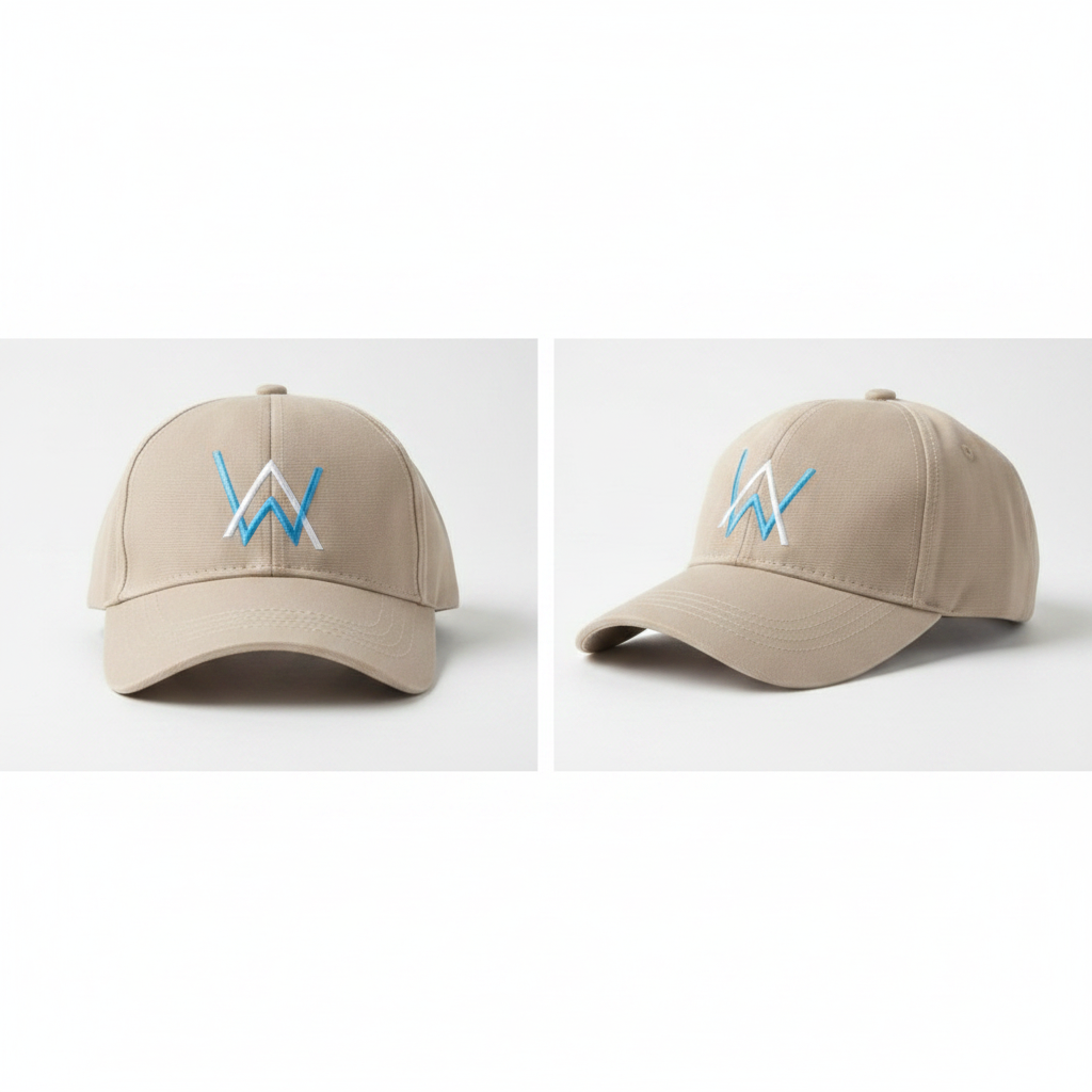 Beige tan geometric logo baseball cap with white and blue embroidery product shot front and side view