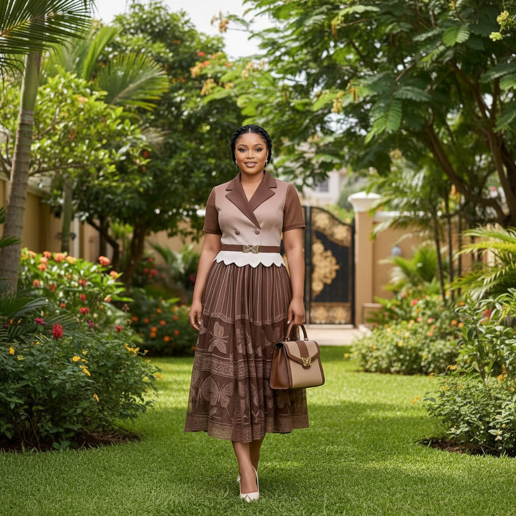 Women's Mocha Brown & Cream Blazer Bodice Embroidered Tiered Midi Gown - Nigerian Female Model