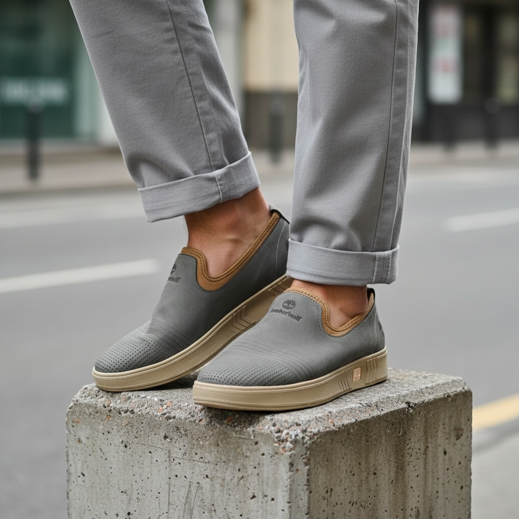 Model wearing slate grey nubuck leather slip-on sneakers with tan trim and chevron sole leg shot