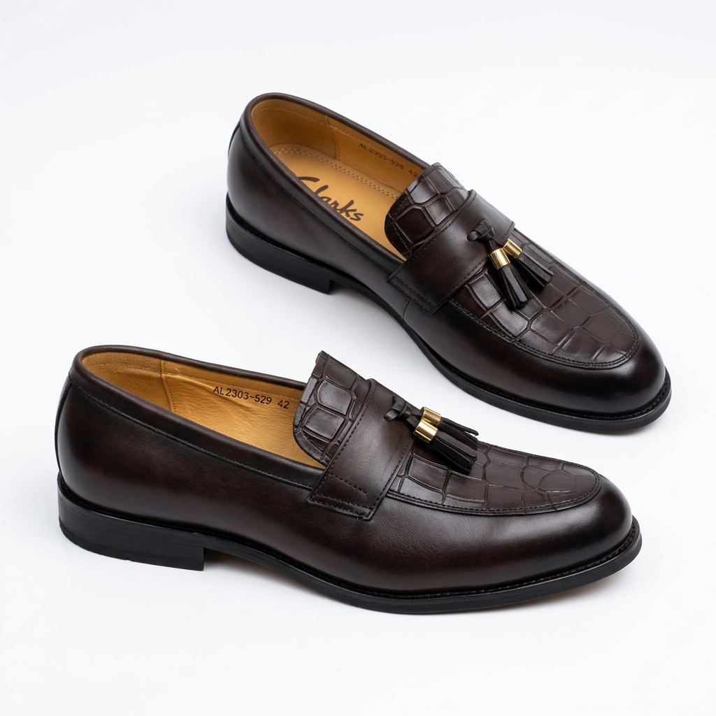 Pair of dark brown croc-pattern tassel loafers on a white studio background