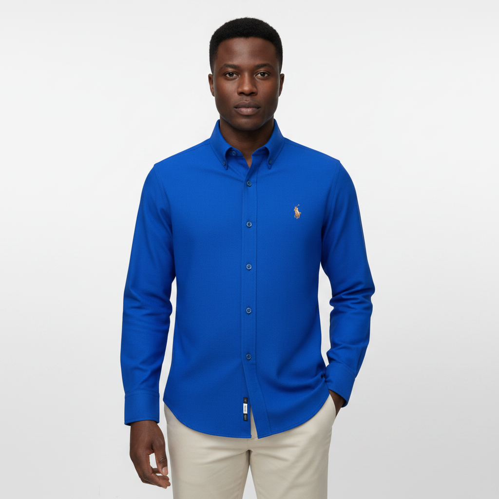 Nigerian adult male model wearing Royal Blue Oxford Long Sleeve Shirt – Front View