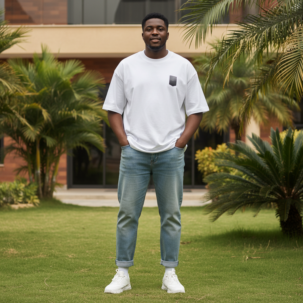 Men's Plain White Oversized Tee – Nigerian Male Model Shot