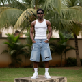 Men's Light Blue Graphic Print Distressed Denim Shorts – Nigerian Male Model Shot