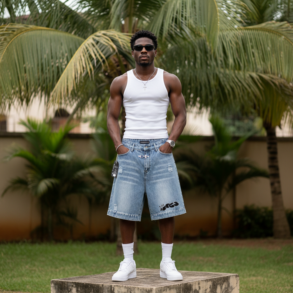 Men's Light Blue Graphic Print Distressed Denim Shorts – Nigerian Male Model Shot