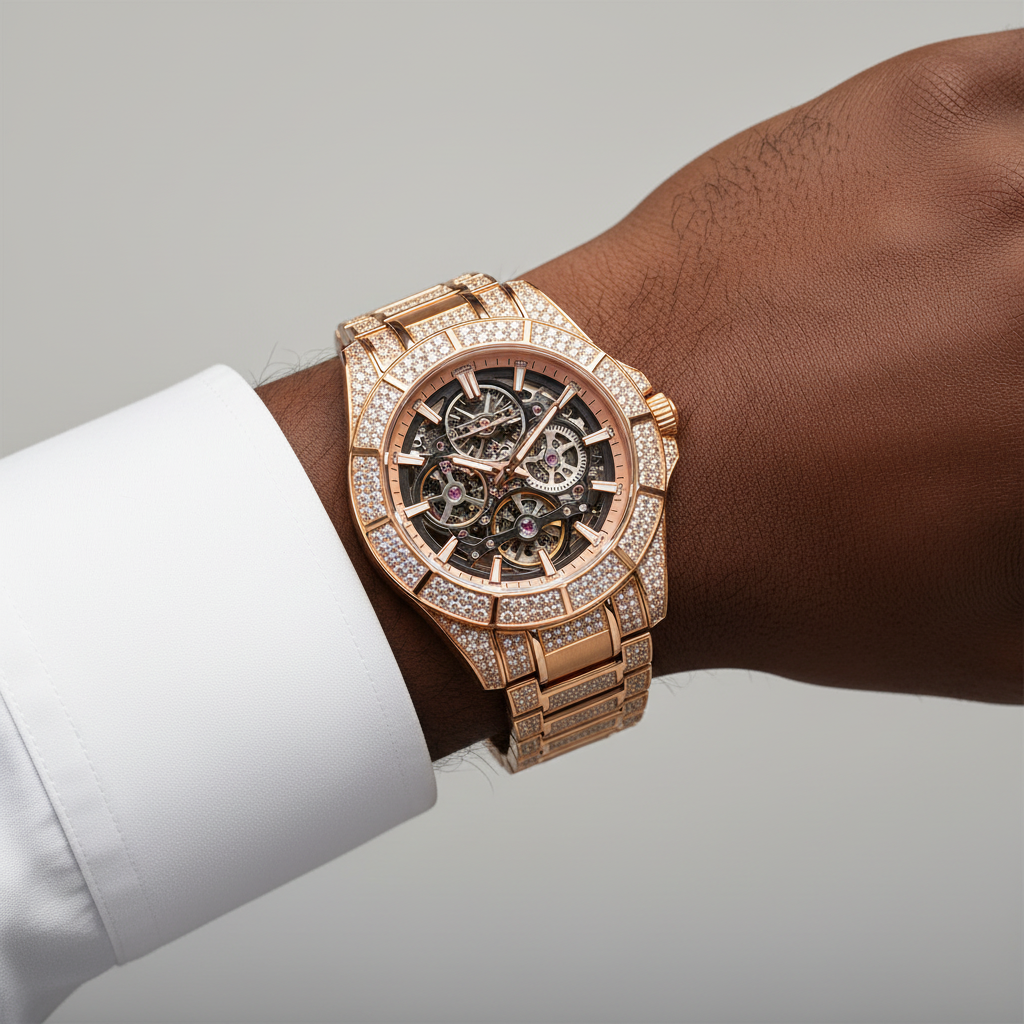 Nigerian male model wrist shot — rose gold iced-out diamond skeleton watch